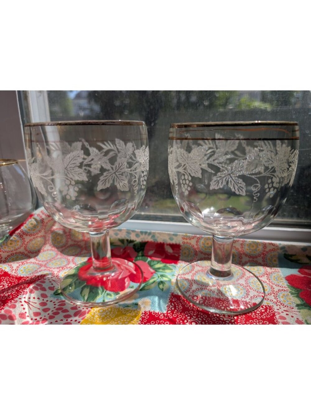 Set of 2 Frosted Grapevine Bartlett-Collins Glass Goblets Gold Rim MCM Wine